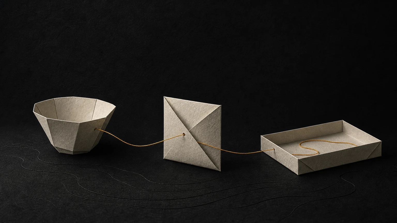 An amber thread joins an ivory paper bowl, envelope, and shallow tray.
