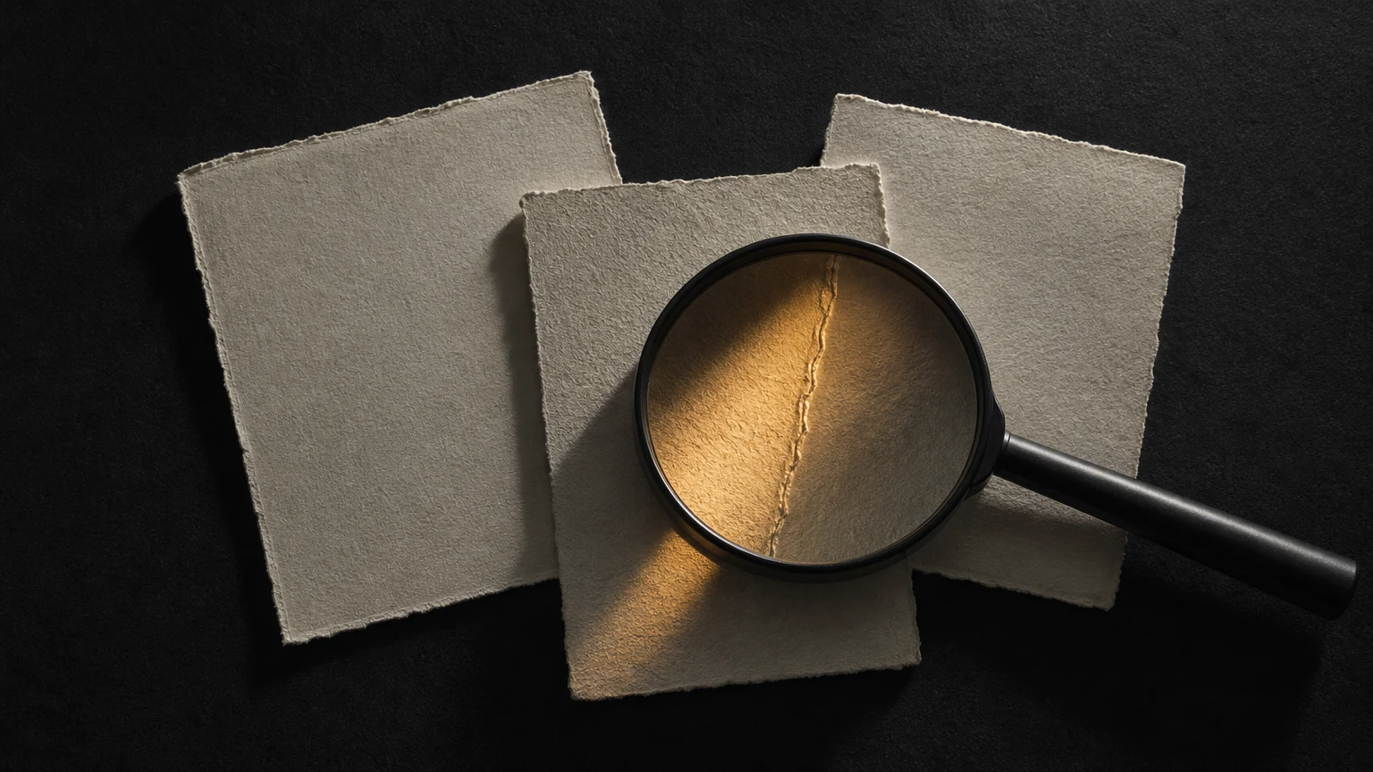 A magnifying lens reveals an amber-lit seam in three overlapping ivory paper records.