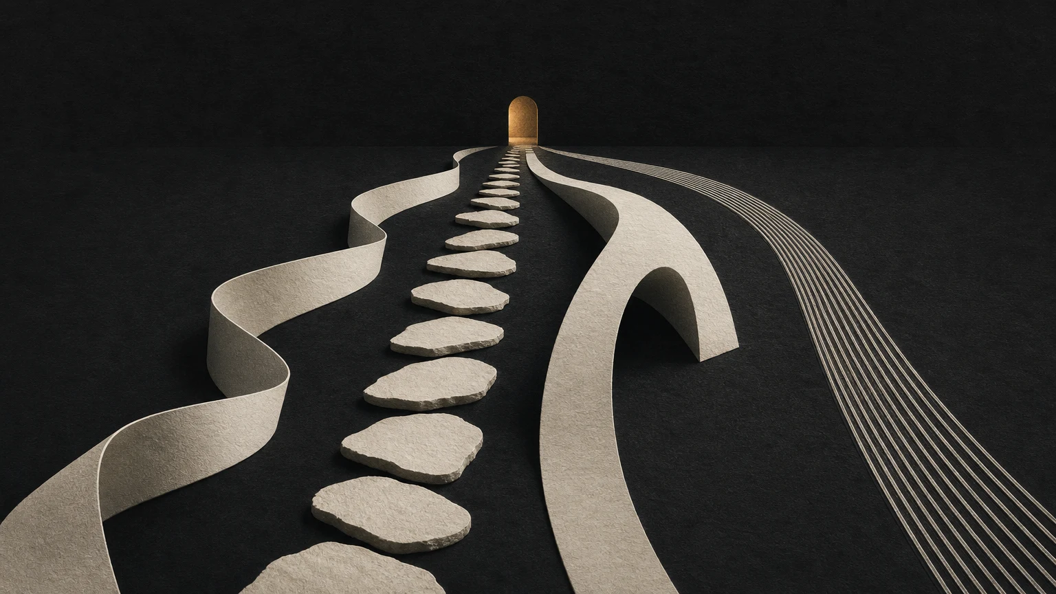 Ivory ribbons, stepping stones, and an arch lead toward a small amber doorway.