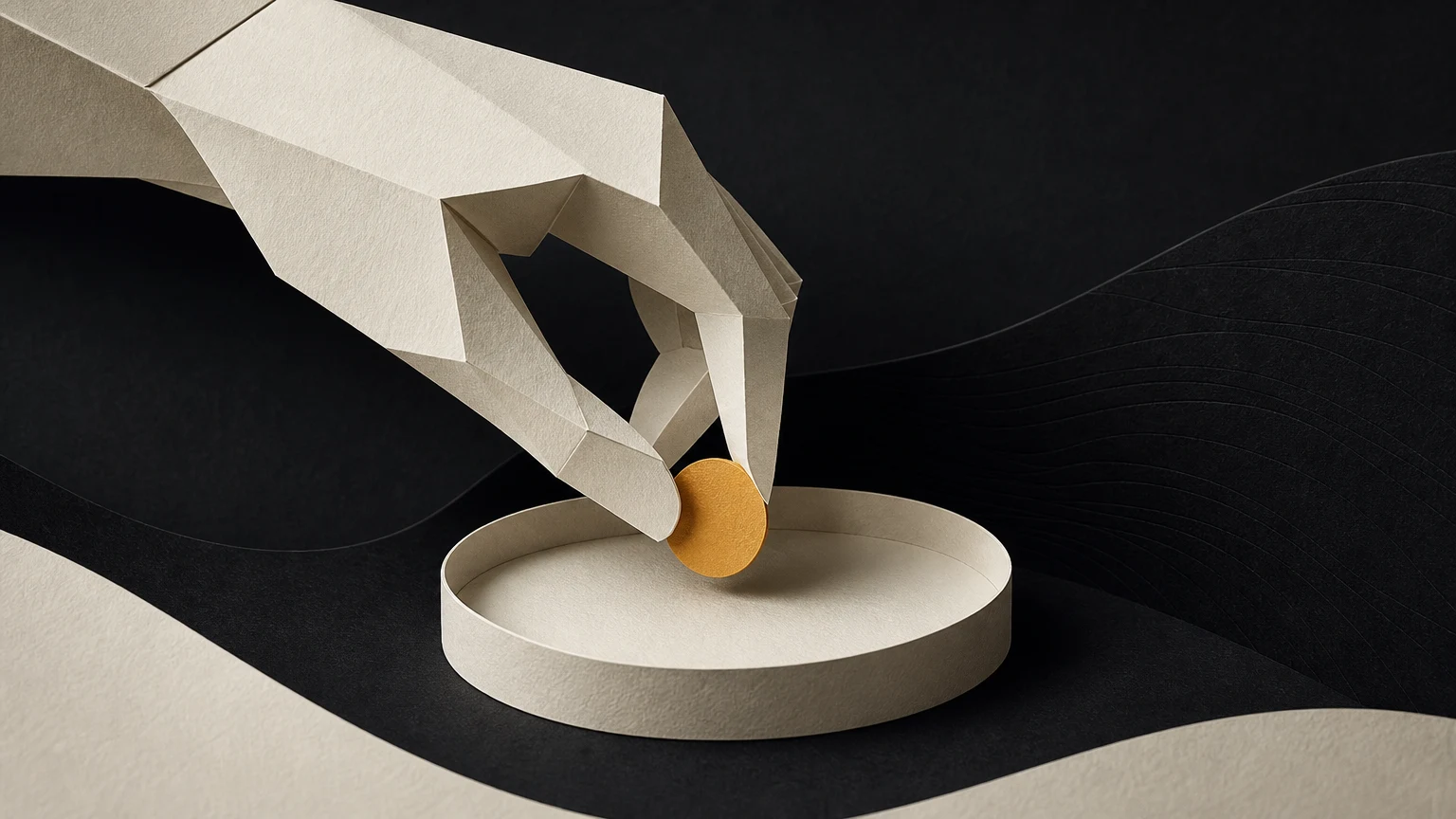 A folded ivory paper hand lowers an amber token into a shallow ivory tray.