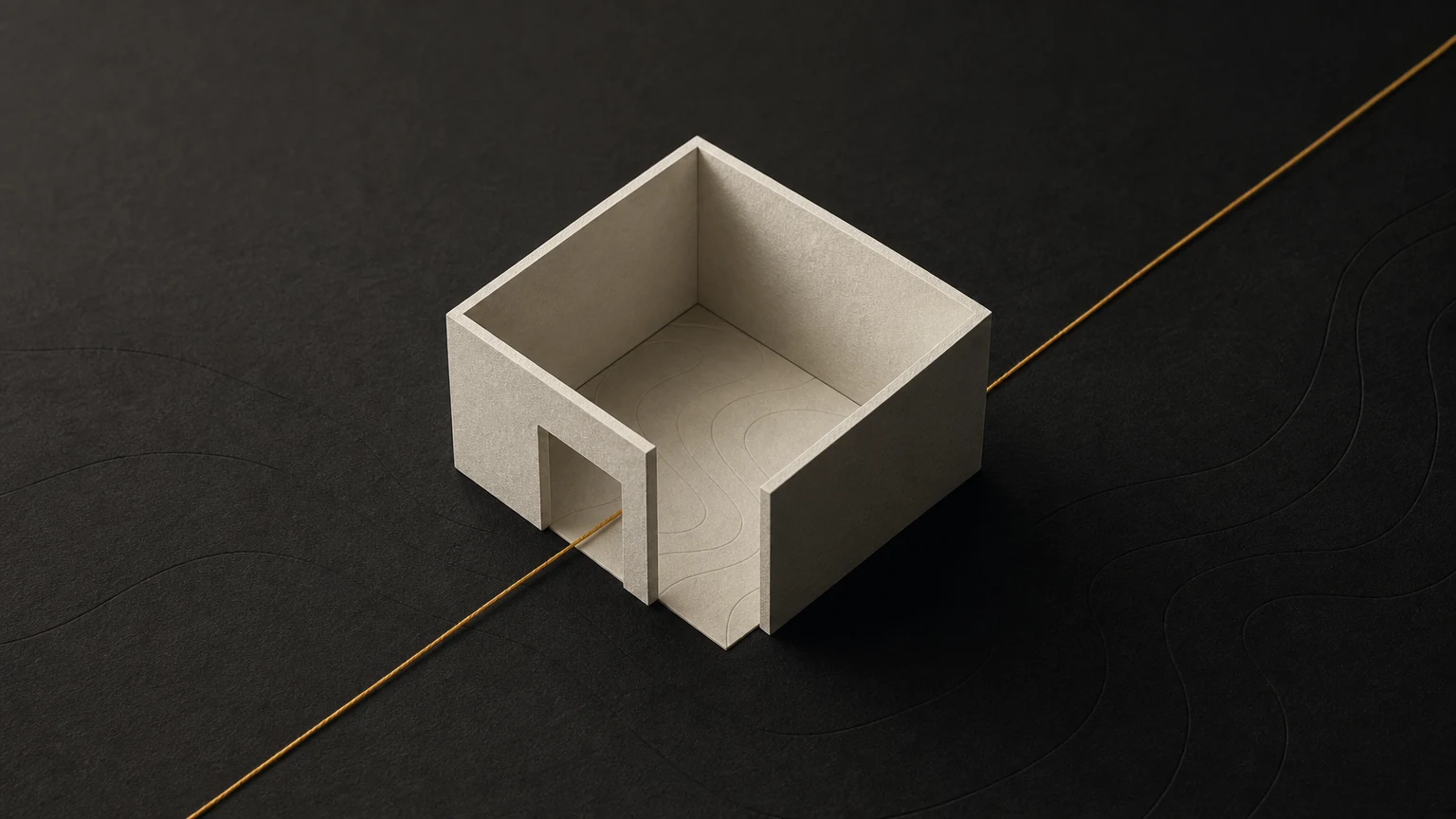 An amber thread crosses an open doorway in a small ivory paper room.